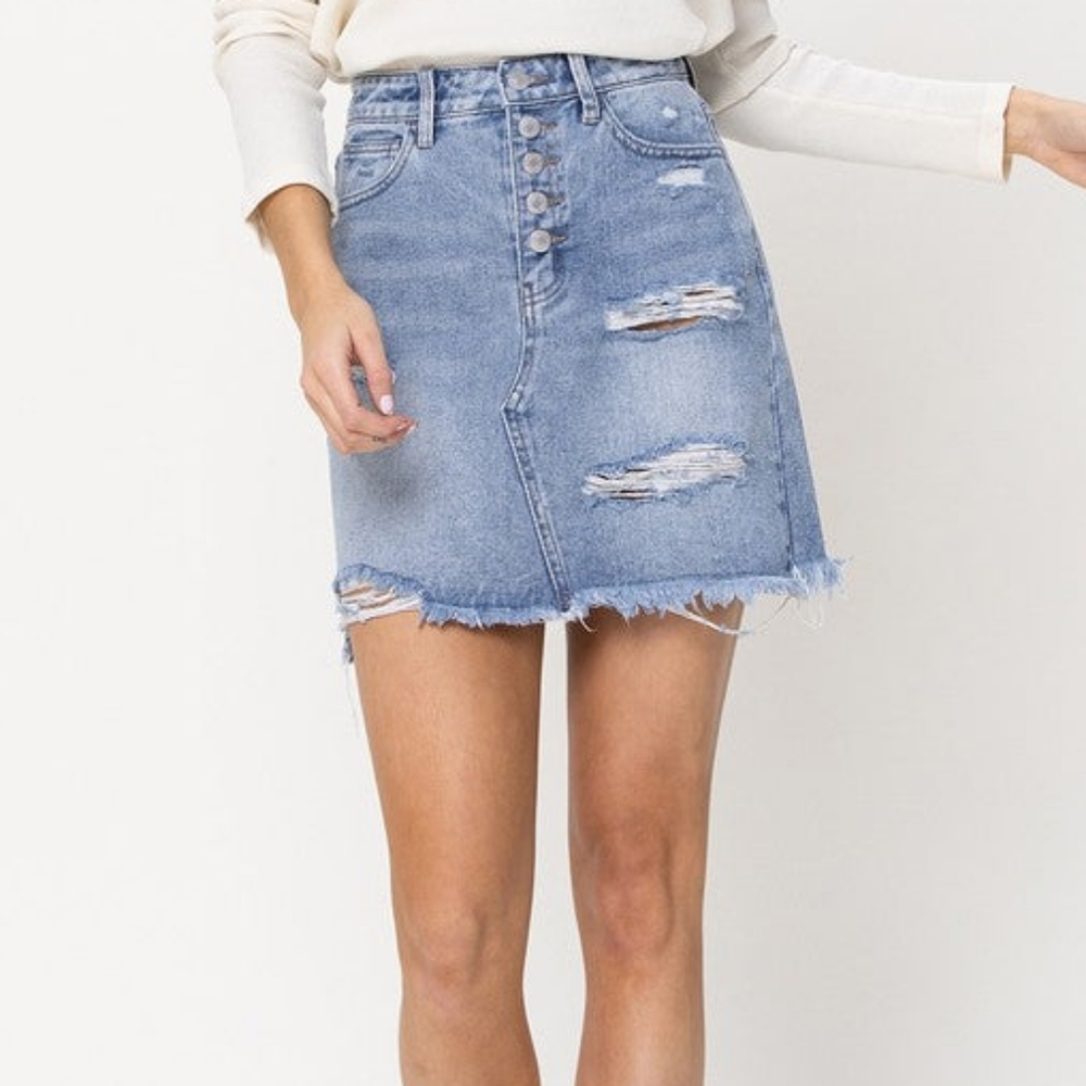 Vervet Flying Monkey Claudia Skirt Mini Denim Blue Jean Distressed Frayed Hem M